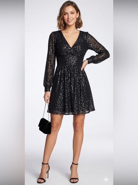 MICHAEL Michael Kors Dresses & Skirts - Michael Michael Kors Black Sequin V-Neck Long Sleeve Mini Dress Shimmer Party PS